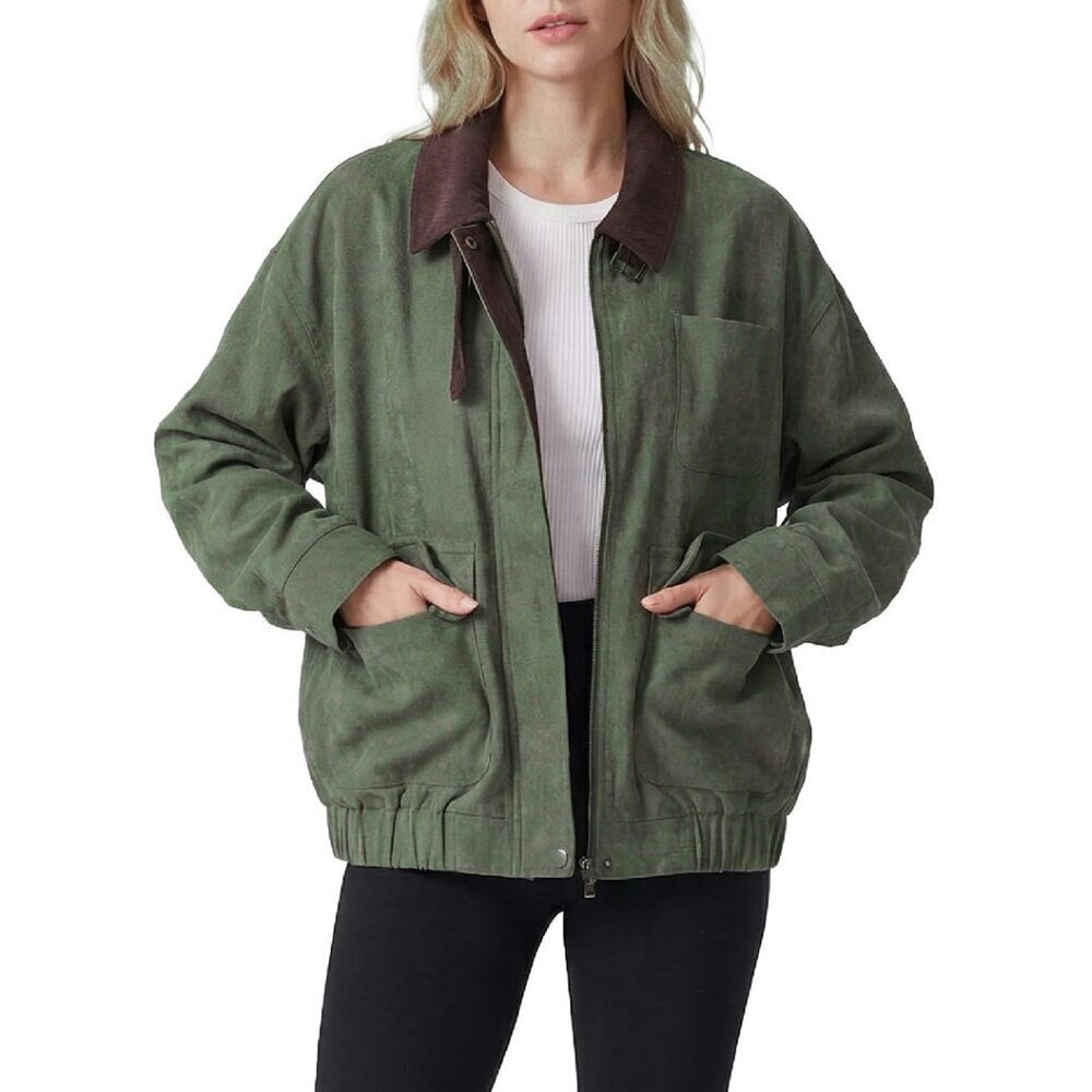 Faux Suede Bomber Jacket Oversized Fit Corduroy Collar Utility Pockets